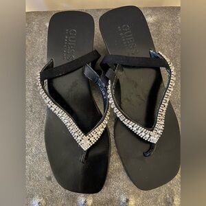 Black with bling Guess by Marciano thong wedge sandals leather upper size 5